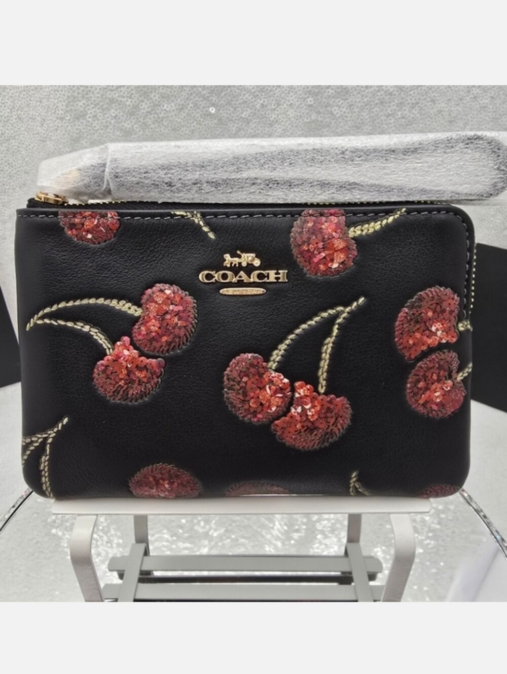 Coach Sequined Cherry Print Corner Zip Wristlet Black Red Smooth Leathe